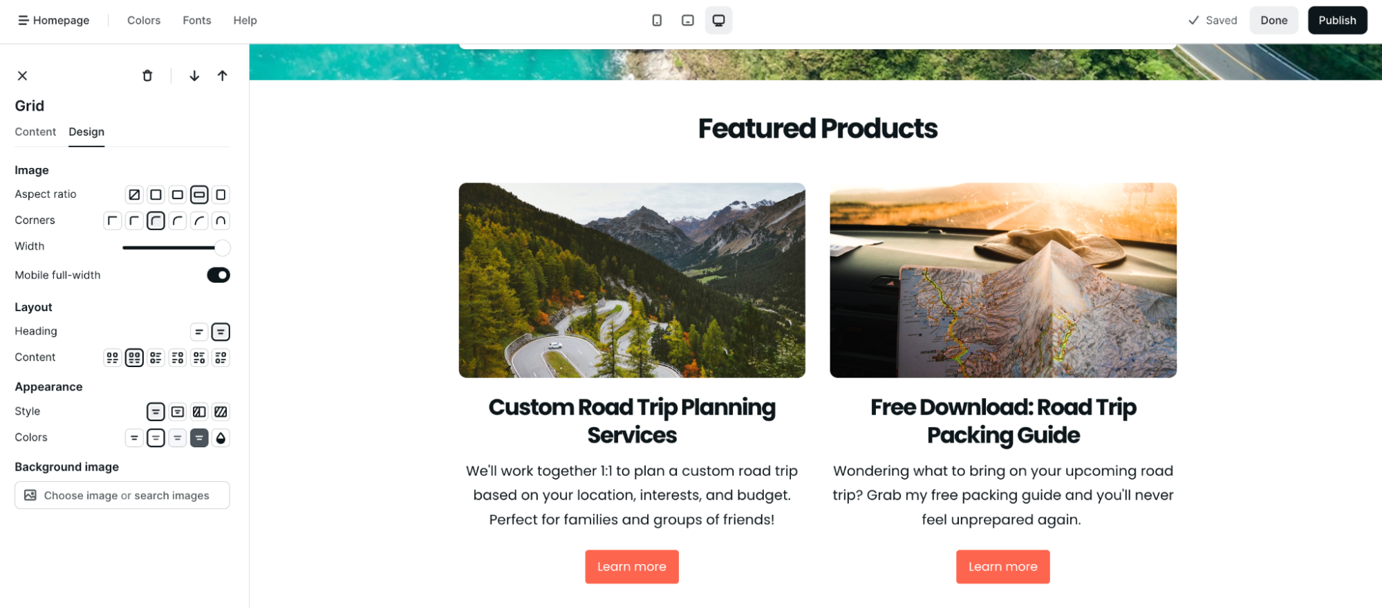 Website Guide: Homepage, featured products build together grid 3