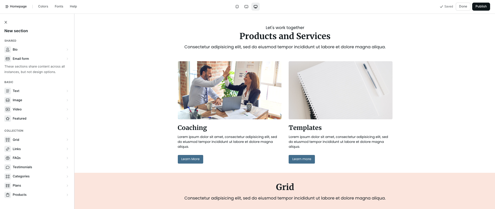 Podia website builder sections 