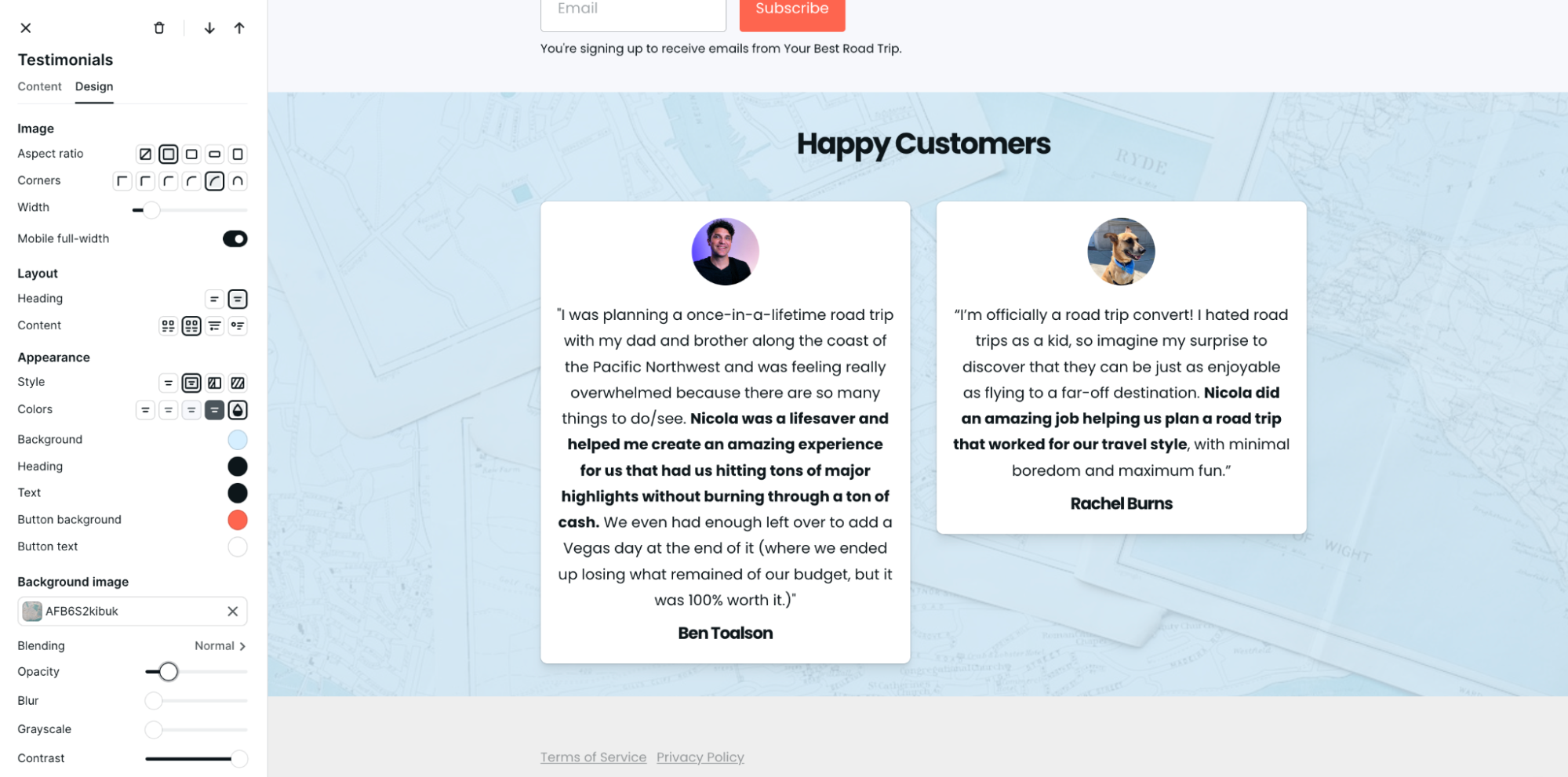 Website guide: Sales page, testimonials build together card blue background