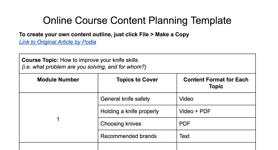 Screenshot of the online course content planning template by Podia