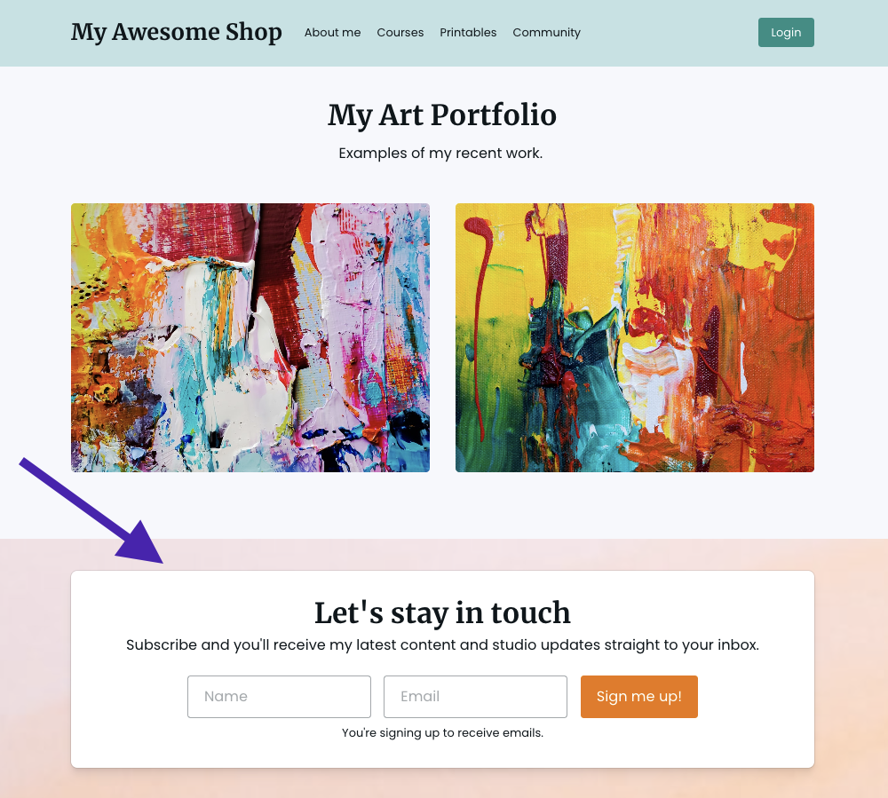 Podia for Artists: Artist website example email 