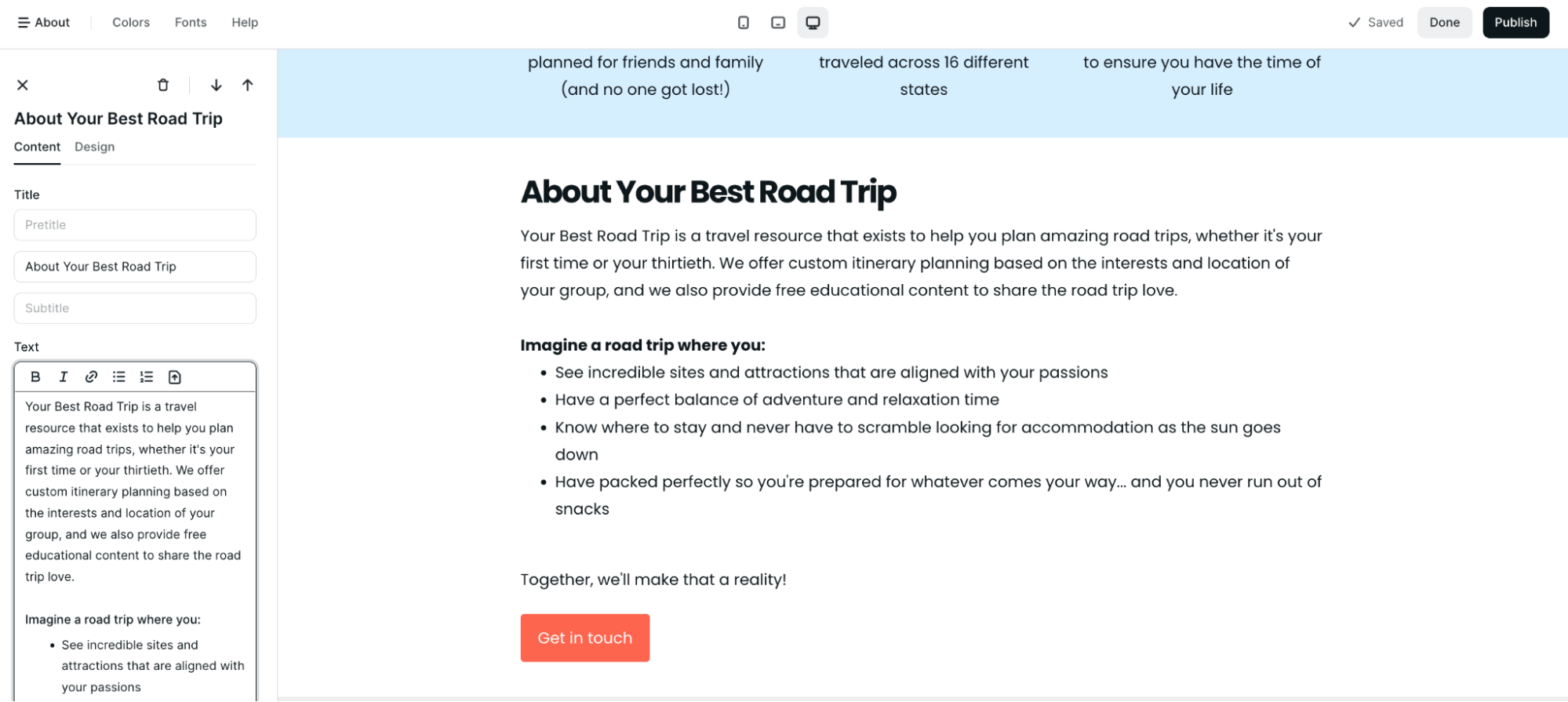 Website guide: Additional pages, About page card, About Your Best Road Trip