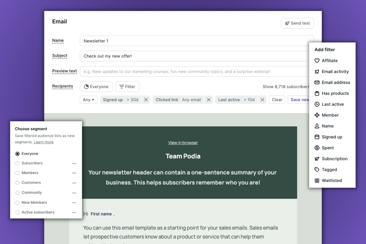 Podia Email filtering, segments, and tags