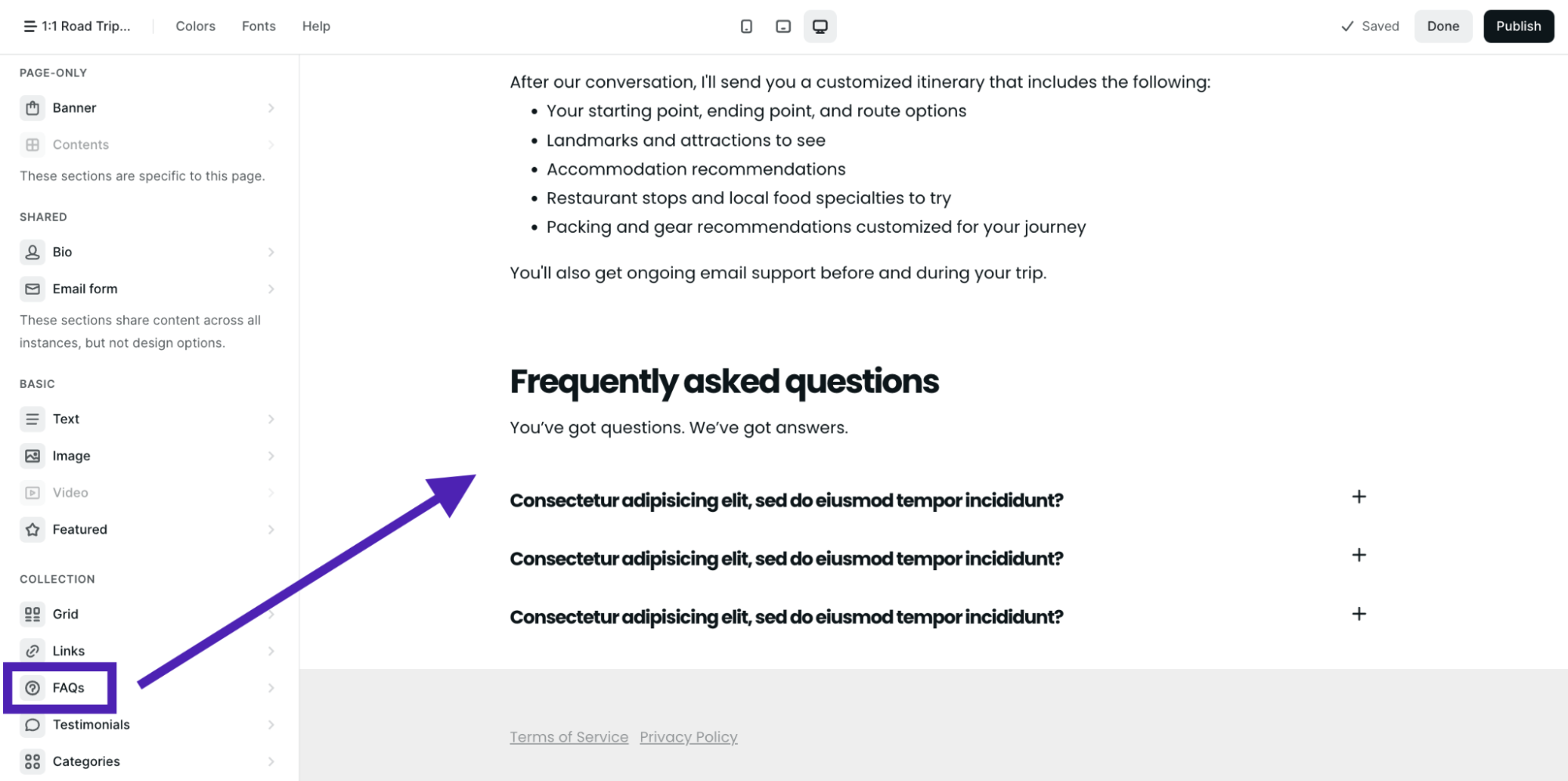 Website guide: Sales page, FAQ section white background in FAQ card