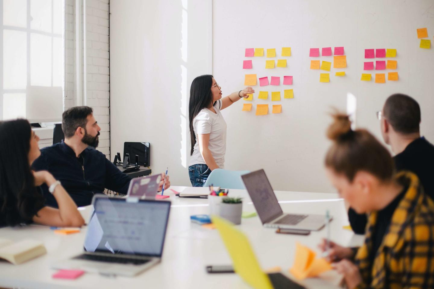 People in a meeting prioritizing tasks with post its