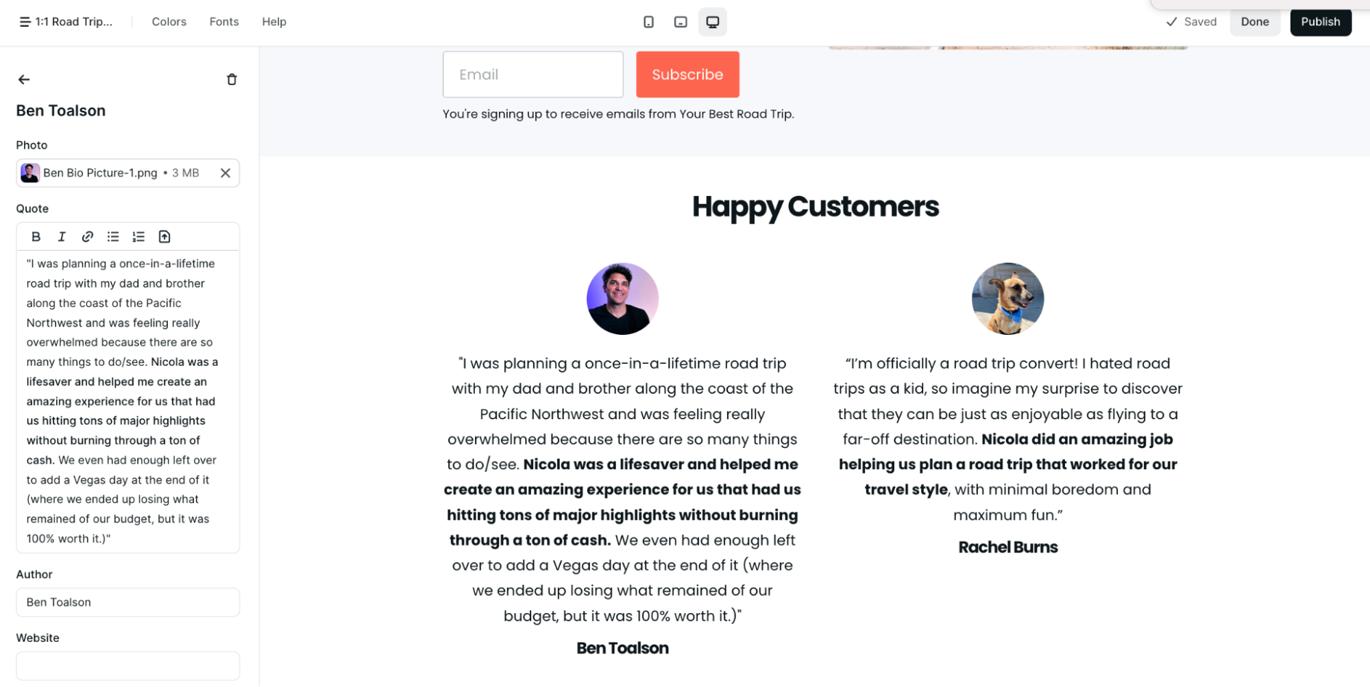 website guide: sales page, testimonials build together card white background 