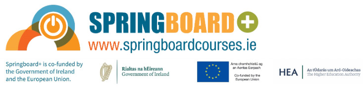 Springboard and HCI, Government of Ireland, EU, and HEA logos. Springboard plus is co-funded by the government of Ireland and the EU. 