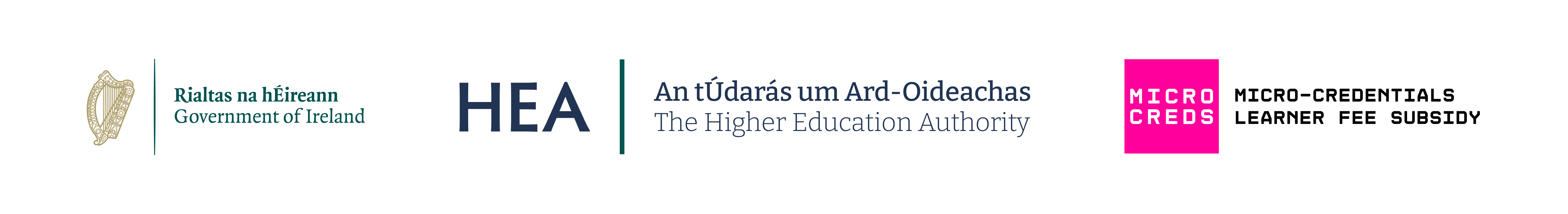 Three logos representing: Government of Ireland, HEA, Micro Creds.