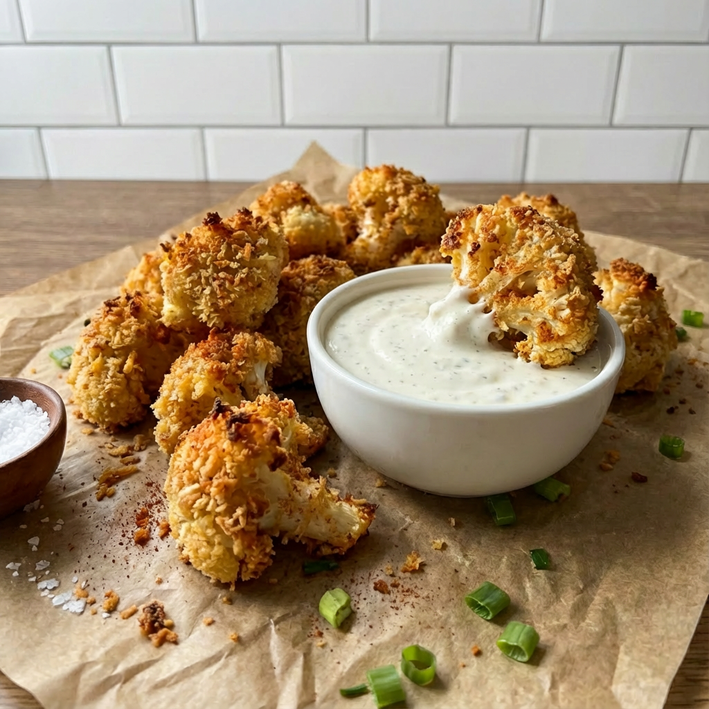 crispy cauliflower florets with a dipping sauce