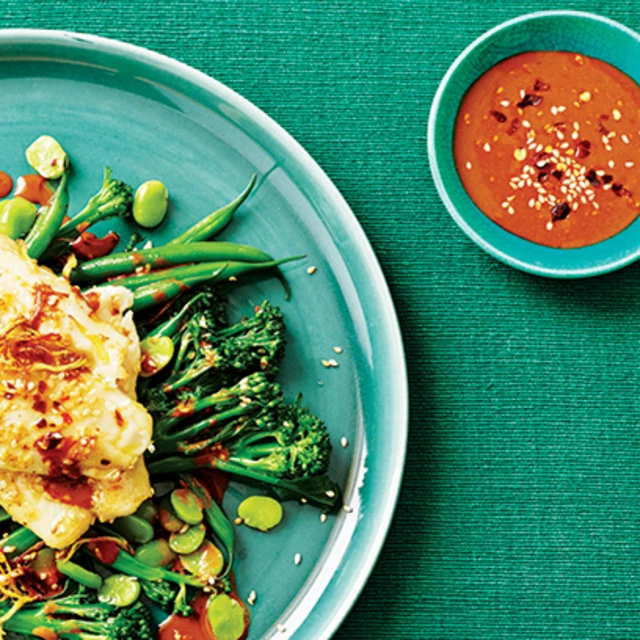 Three-Green Stir Fry with Sesame Fish