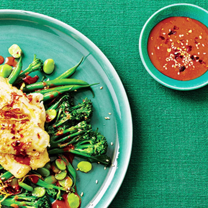 Three-Green Stir Fry with Sesame Fish