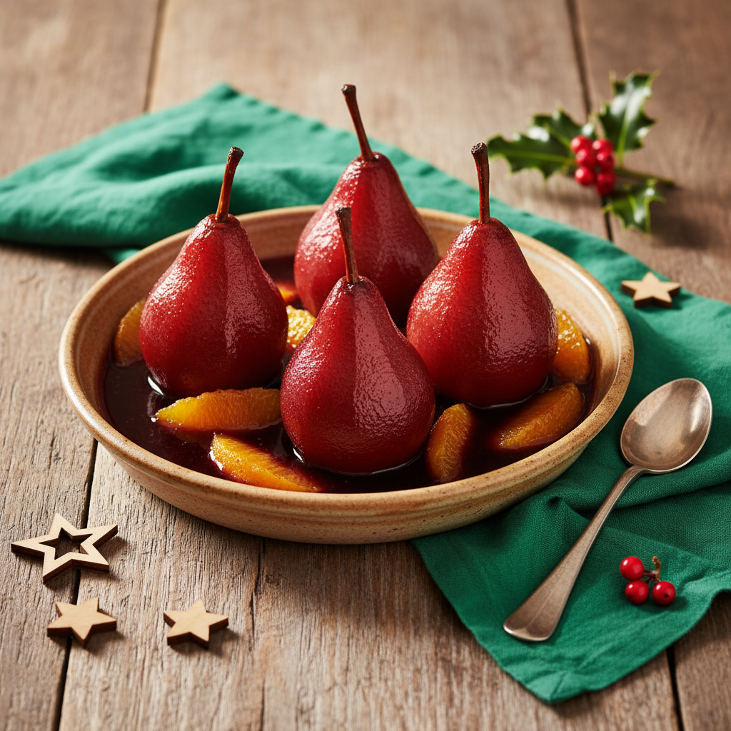Spiced Pears Cooked in Mulled Wine with Orange