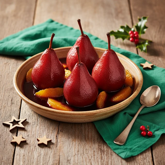 Spiced Pears Cooked in Mulled Wine with Orange