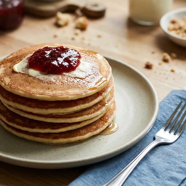 Scotch Pancakes topped with butter and jam