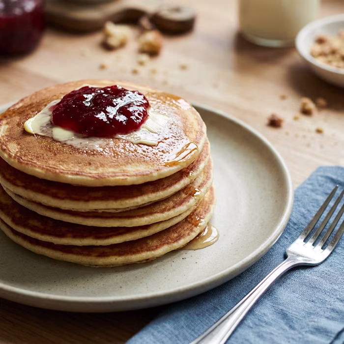 Scotch Pancakes topped with butter and jam