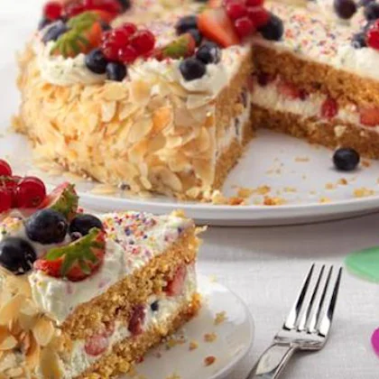Birthday Cake with Cream and Fruit