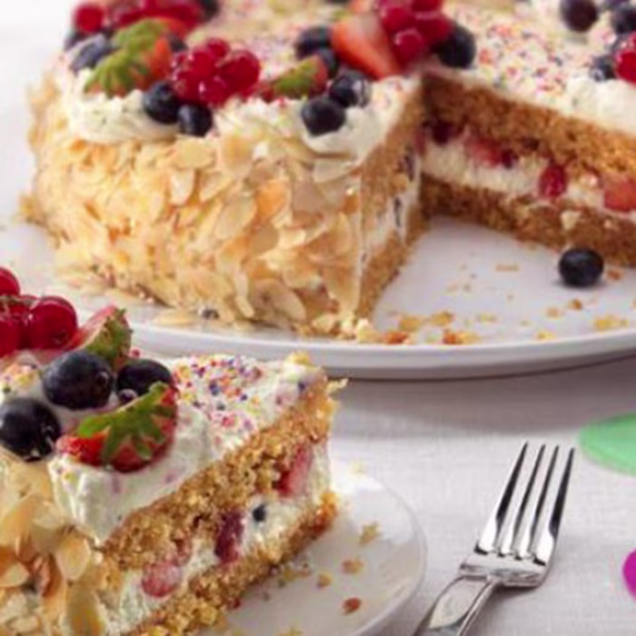 Birthday Cake with Cream and Fruit
