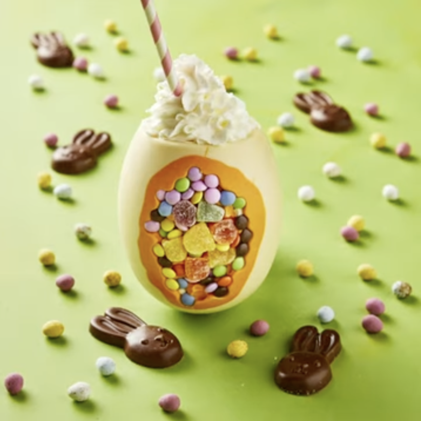 white chocolate easter egg milkshake with whipped cream