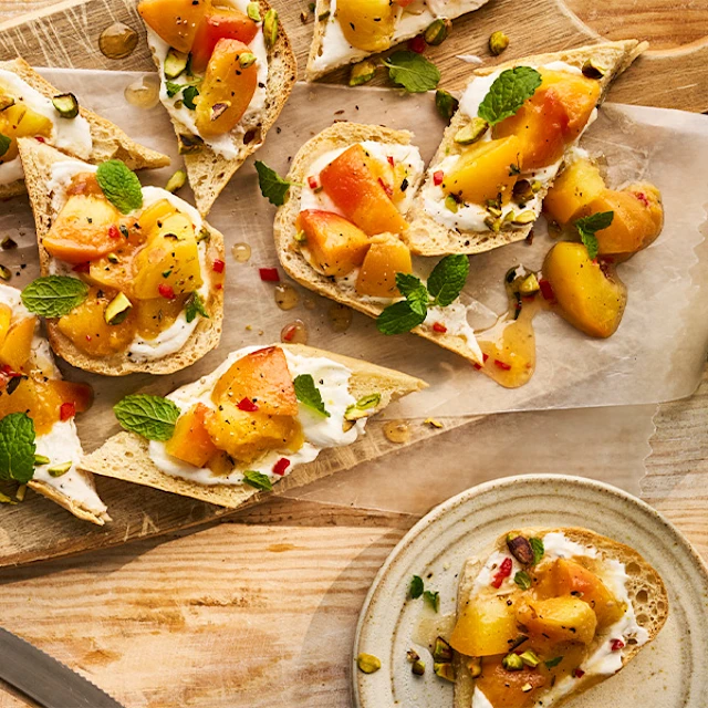 Thyme & Peach Bruschetta with Ricotta and Pistachios