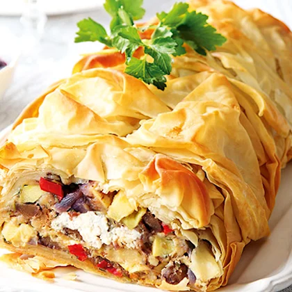 Vegetable Strudel with Spiced Cranberry and Orange Sauce