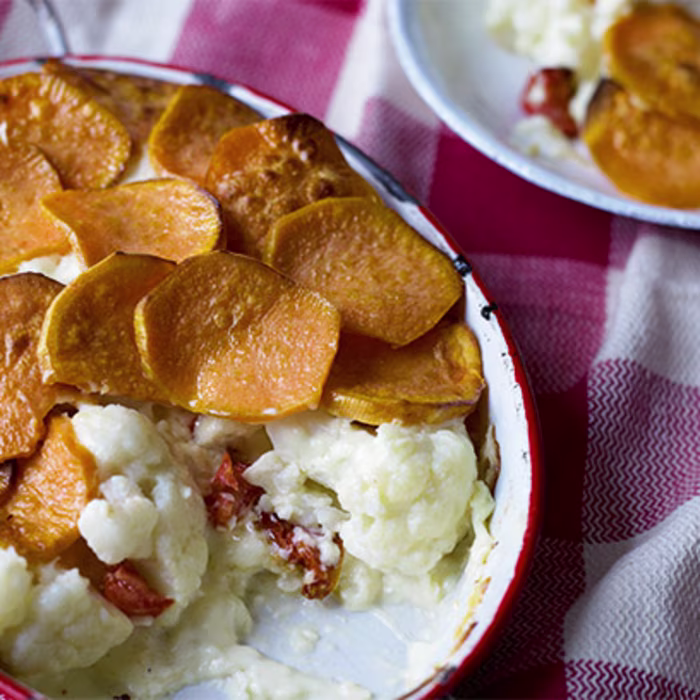 Cauliflower Cheese and Sweet Potato Hotpot