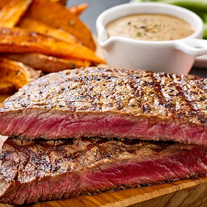 Ribeye Steak with Sweet Potato Chips and Five Peppercorn Sauce