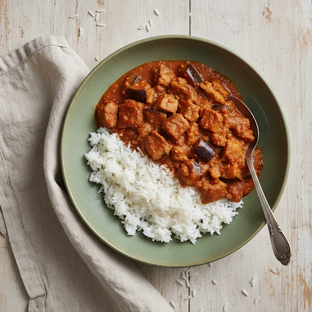 Pork Loin & Aubergine Curry in a bowl with a side of rice