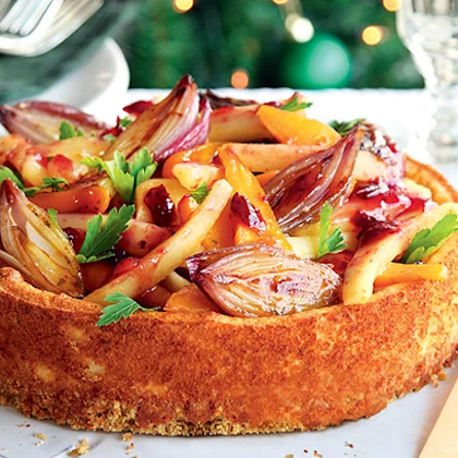 Stilton Cheesecake with Glazed Vegetables