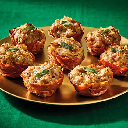 Crispy Prosciutto Cups with Sausage and Sage Stuffing