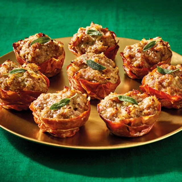 Crispy Prosciutto Cups with Sausage and Sage Stuffing