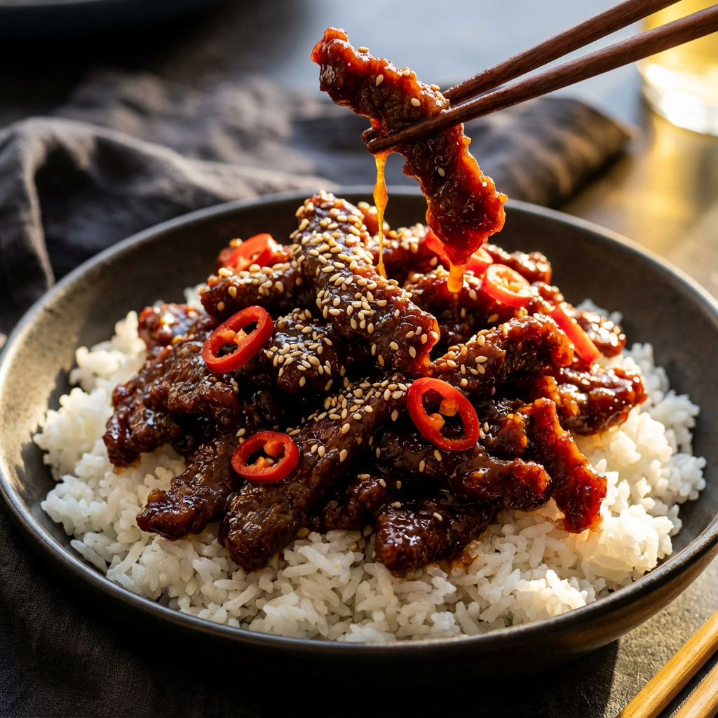 crispy chilli beef on bed of rice