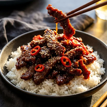 crispy chilli beef on bed of rice