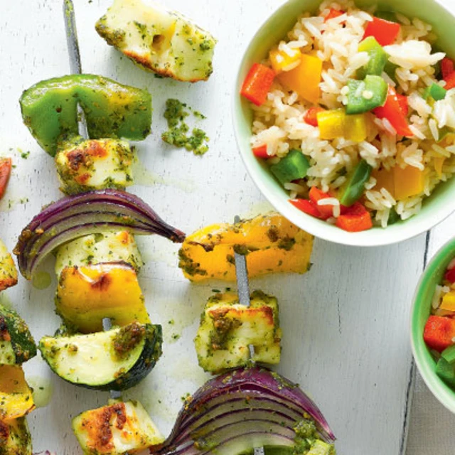 Halloumi Kebabs with Mixed Pepper Rice