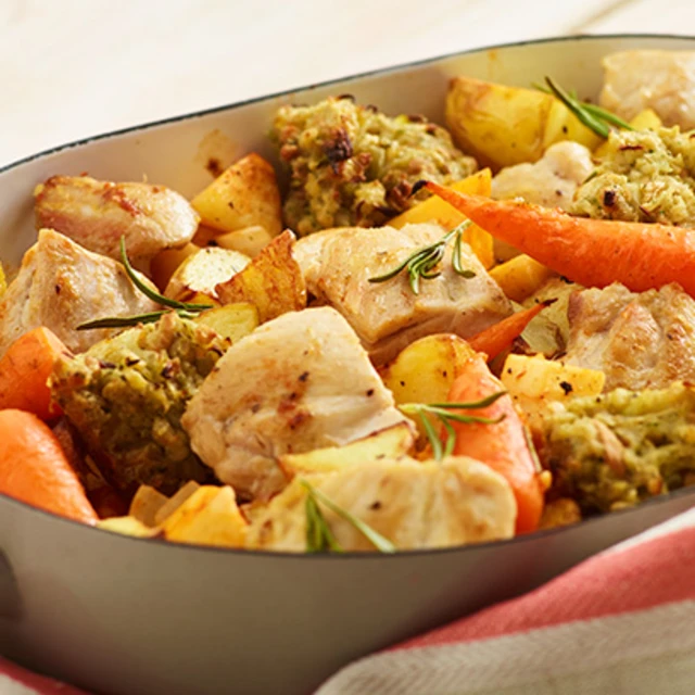 Roast Chicken and Root Vegetables with Sage and Shallot Stuffing