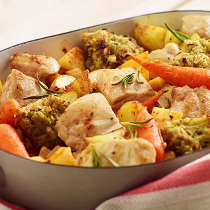 Roast Chicken and Root Vegetables with Sage and Shallot Stuffing