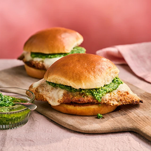 Chicken Parmesan Burgers with Rocket Pesto