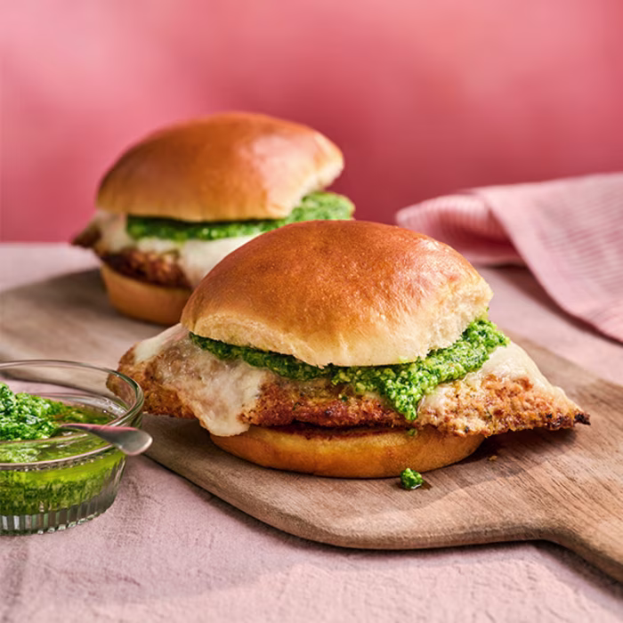 Chicken Parmesan Burgers with Rocket Pesto