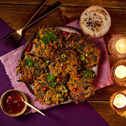 root veg fritters with chutney and yoghurt dip