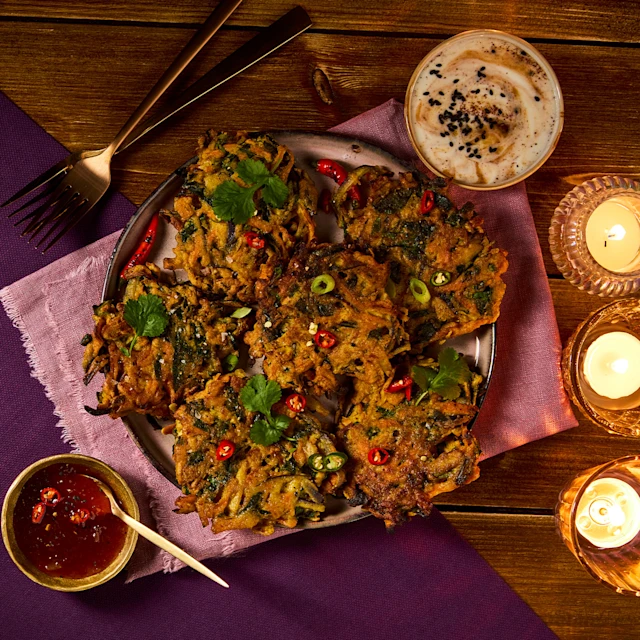 root veg fritters with chutney and yoghurt dip