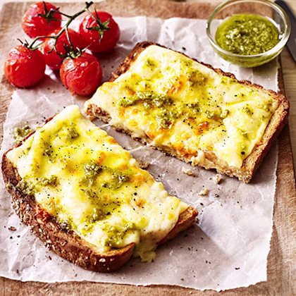 Cheese on Toast with Pesto and Grilled Tomatoes