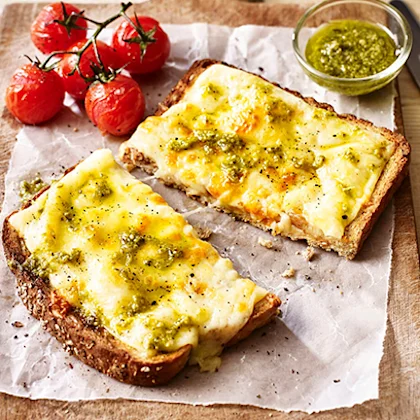 Cheese on Toast with Pesto and Grilled Tomatoes