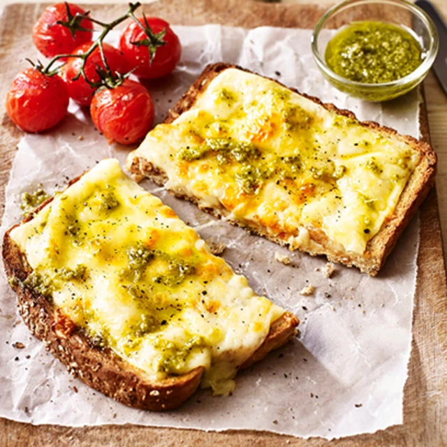 Cheese on Toast with Pesto and Grilled Tomatoes