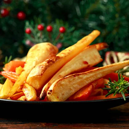 Salted Maple Roasted Parsnips with Crispy Pigs in Blanket Crumble