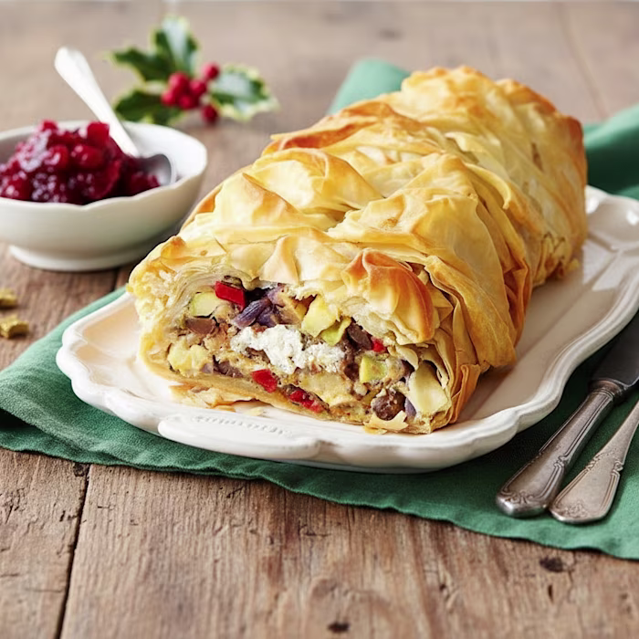 Vegetable Strudel with Spiced Cranberry and Orange Sauce