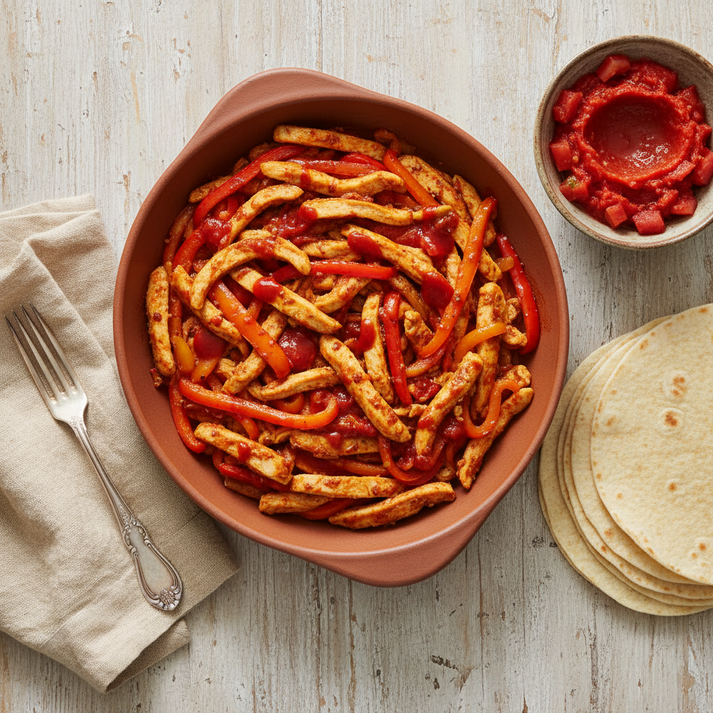 chicken and peppers fajita filling next to a stack of tortillas