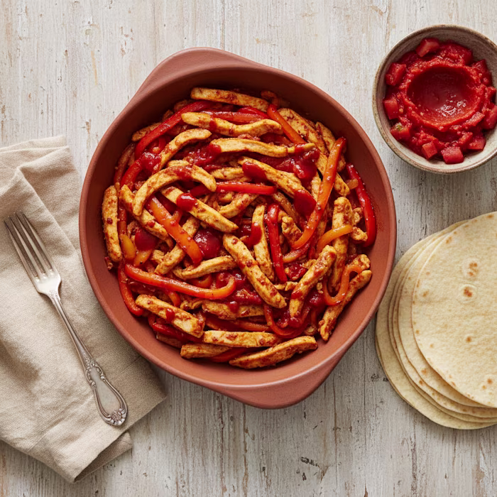 chicken and peppers fajita filling next to a stack of tortillas
