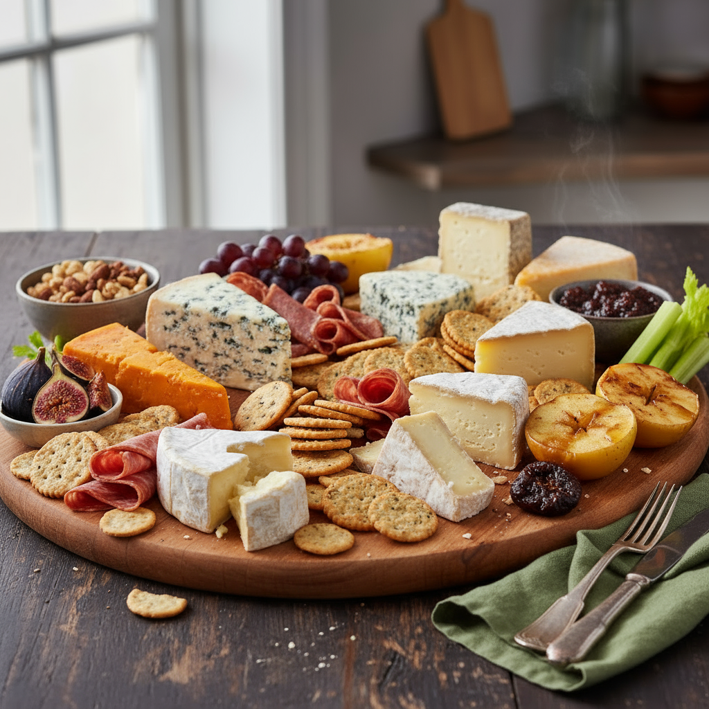 cheese board with baked apples and chutneys
