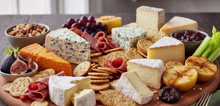 cheese board with baked apples and chutneys