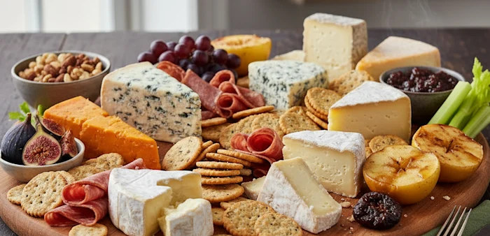 cheese board with baked apples and chutneys