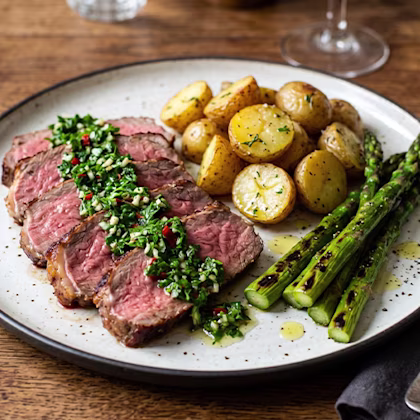 Slices of roast sirloin beef topped with green chimichurri sauce, served with Jersey Royal potatoes and charred asparagus.